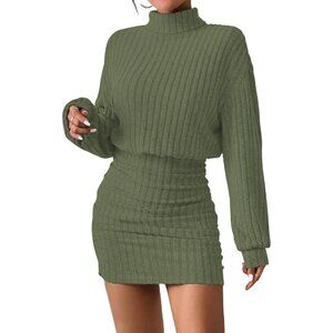 Women Ribbed Knit Sweater Dark Green Dress Lantern Sleeve Turtleneck Bodycon